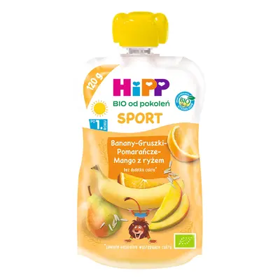 HiPP Sport Bio mousse de fructe, banane, pere, portocale, mango cu orez, după 1 an, 120 g