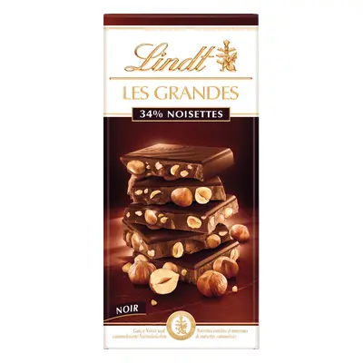 Lindt Ciocolată neagră Les Grandes cu miez de alune întregi 150 g